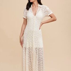 Lace Maxi Dress with Collar in Cream